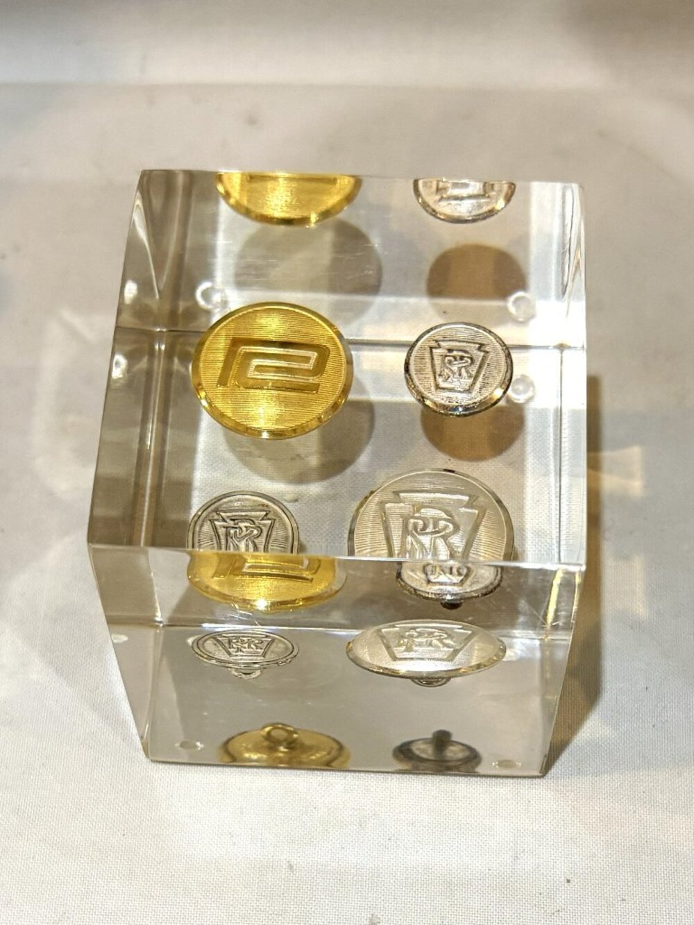 Lucite Acrylic Block Paperweight with VTG Pennsylvania Railroad Uniform Buttons